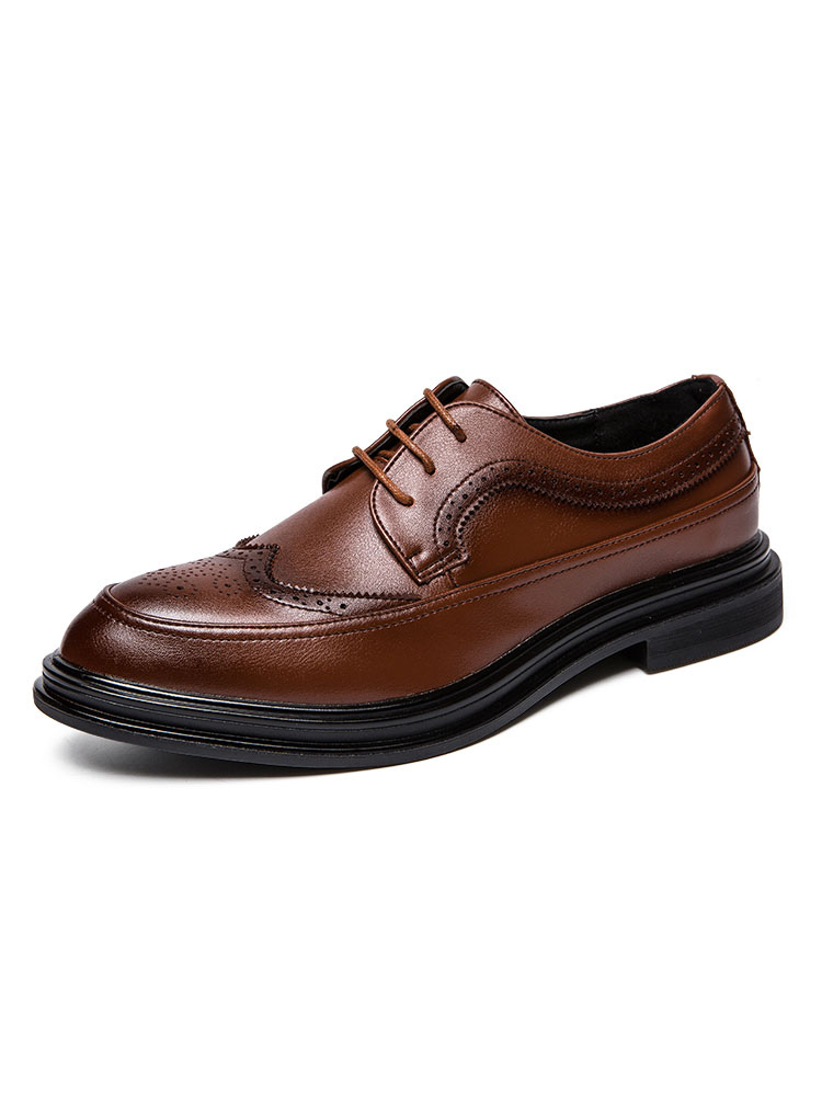 Zapatos de hombre | Zapatos de vestir para hombre Moda con punta redonda Correa de cuero PU ajustable con cordones Zapatos de cuero marrón - TQ75007