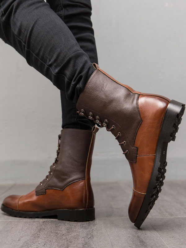 Shoes Men's Shoes | Men Ankle Boots PU Leather Round Toe Lace Up Brown Cowboy Boots - LL43823