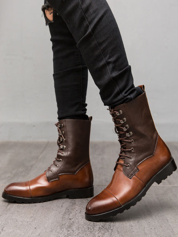 Shoes Men's Shoes | Men Ankle Boots PU Leather Round Toe Lace Up Brown Cowboy Boots - LL43823