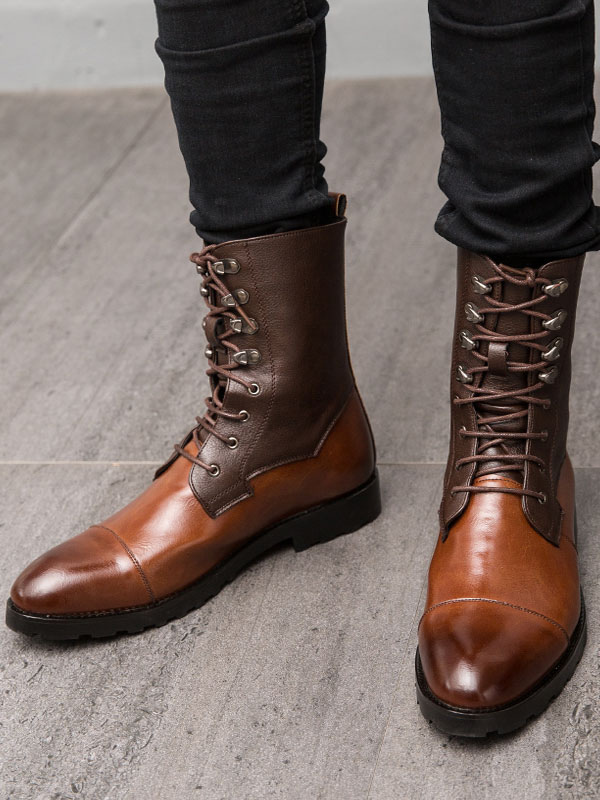 Shoes Men's Shoes | Men Ankle Boots PU Leather Round Toe Lace Up Brown Cowboy Boots - LL43823