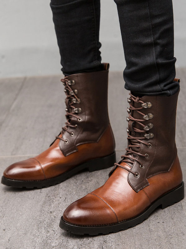 Shoes Men's Shoes | Men Ankle Boots PU Leather Round Toe Lace Up Brown Cowboy Boots - LL43823