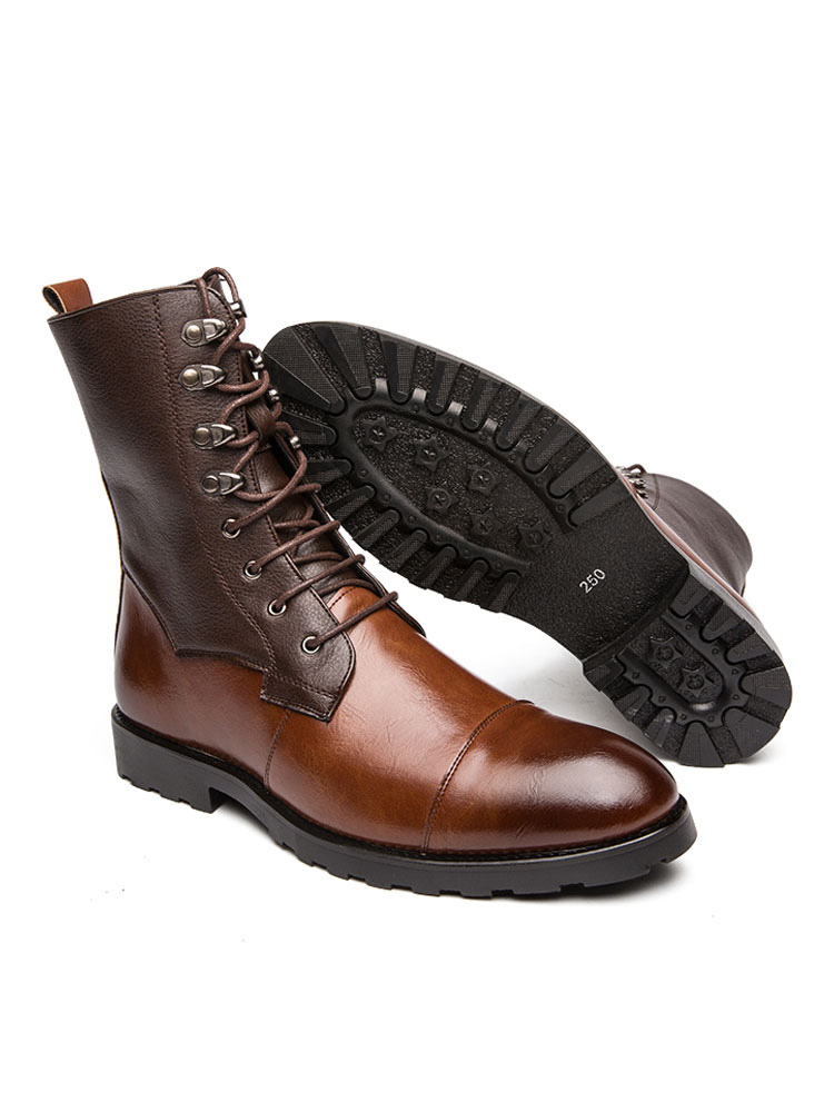 Shoes Men's Shoes | Men Ankle Boots PU Leather Round Toe Lace Up Brown Cowboy Boots - LL43823