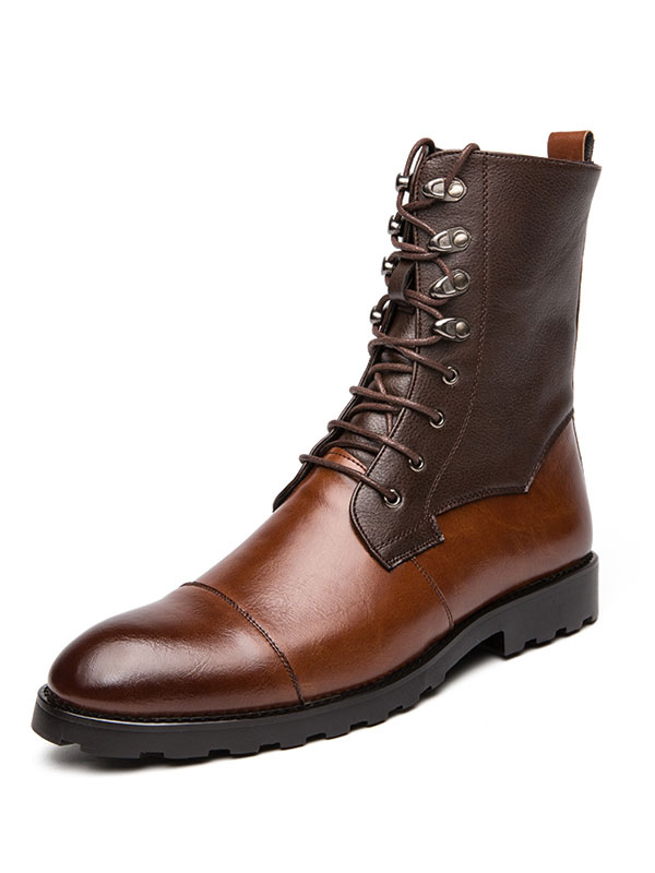 Shoes Men's Shoes | Men Ankle Boots PU Leather Round Toe Lace Up Brown Cowboy Boots - LL43823