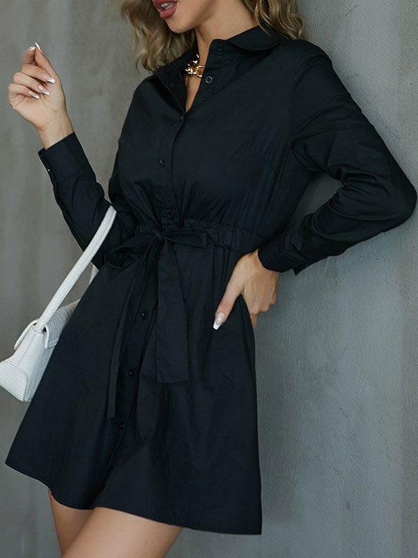 Women's Clothing Dresses | Shirt Dresses Black Turndown Collar Long Sleeves Polyester Midi Dress - NQ44605