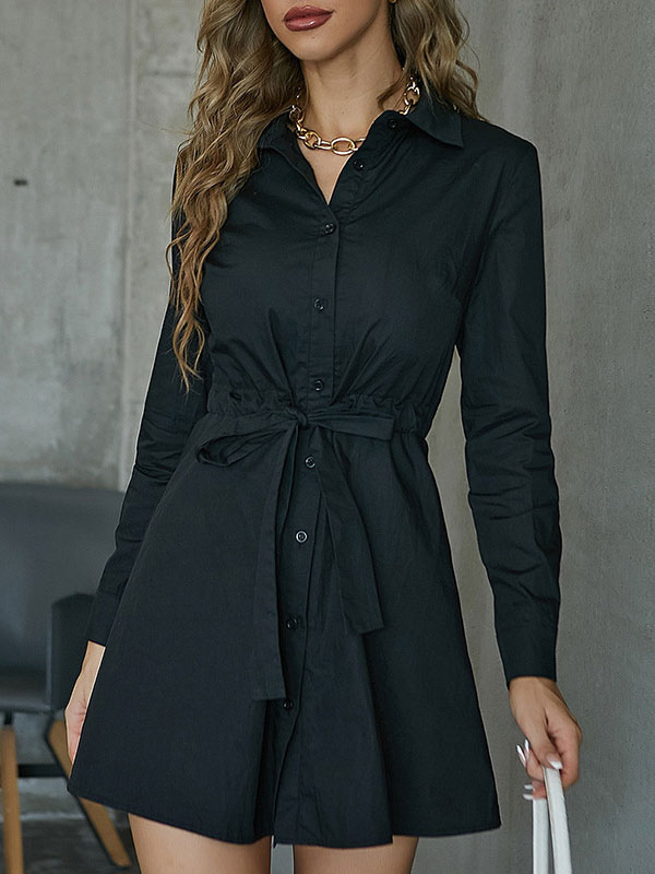 Women's Clothing Dresses | Shirt Dresses Black Turndown Collar Long Sleeves Polyester Midi Dress - NQ44605