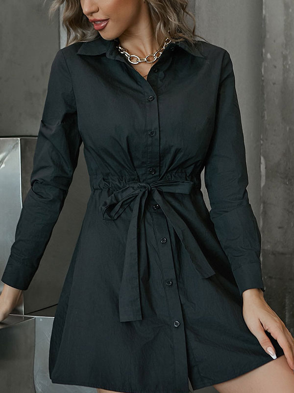 Women's Clothing Dresses | Shirt Dresses Black Turndown Collar Long Sleeves Polyester Midi Dress - NQ44605