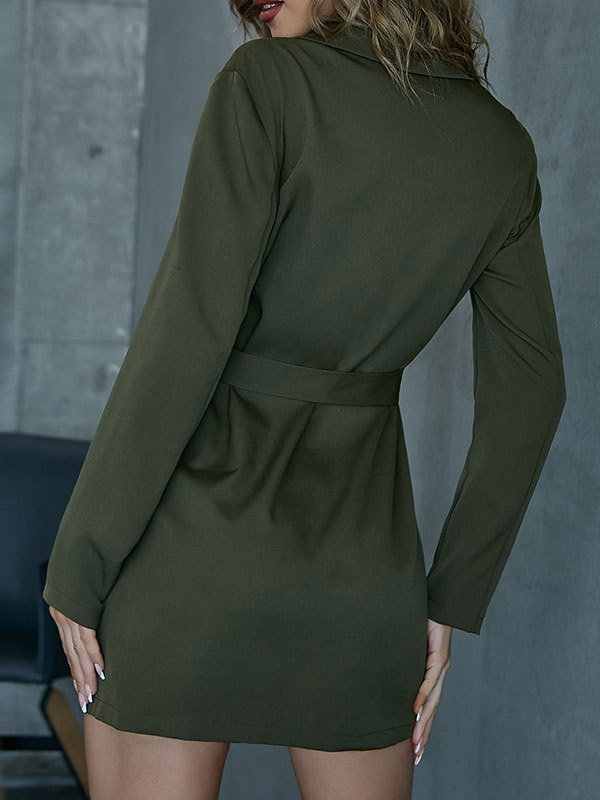 Women's Clothing Dresses | Shirt Dresses Hunter Green Turndown Collar Long Sleeves Polyester Midi Dress - KD61390