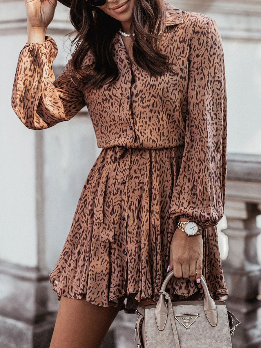 Women's Clothing Dresses | Skater Dresses For Women Floral Printed Polyester Turndown Collar Brown Sexy Long Sleeves Fit And Flare Dress - JK51588