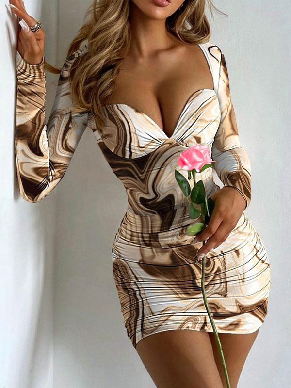Women's Clothing Dresses | Bodycon Dress Off White Floral Print Long Sleeves V-Neck Layered Sexy Sheath Wrap Dresses - FP08110