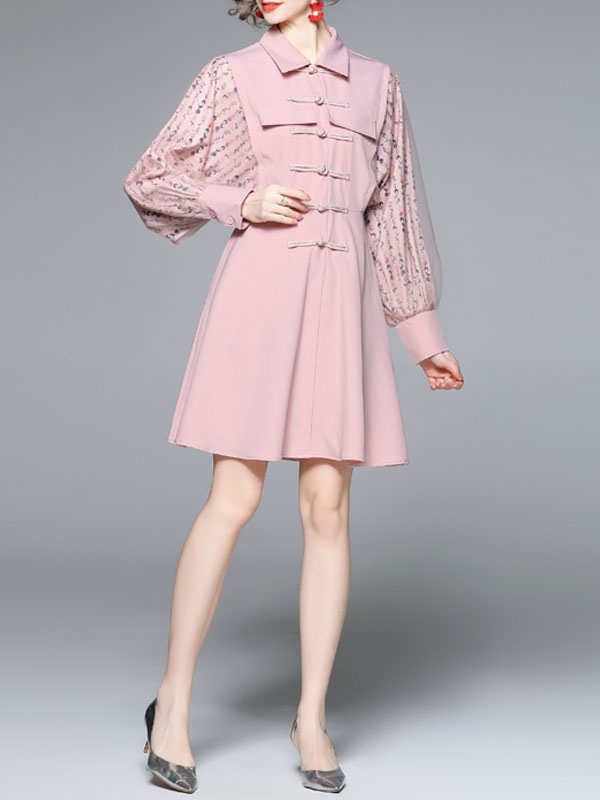 Robe Vintage Femme Courte à Col Revers avec Manches Longues Amples