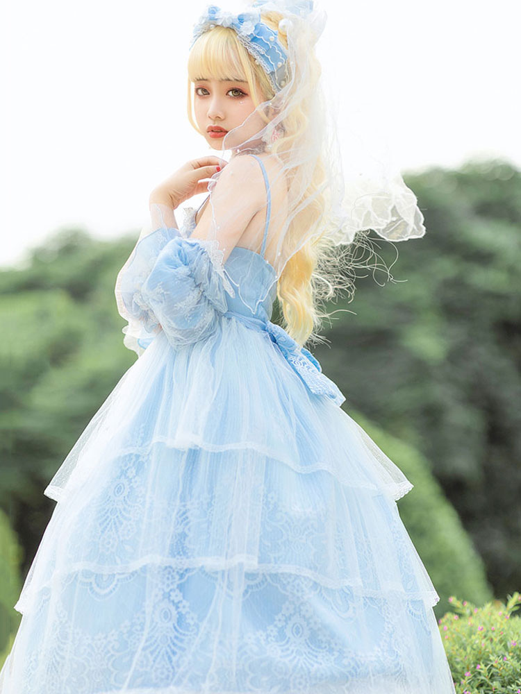 Womens Lolita JSK Dress 2-Piece Set Light Sky Blue Sleeveless Bows ...