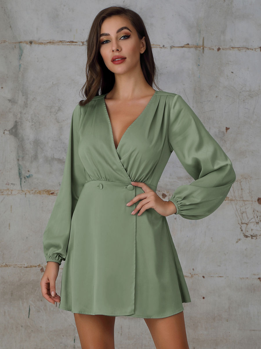 Women's Clothing Dresses | Women Skater Dresses Polyester Sage Casual Long Sleeves Flared Dress Midi Tunic Dress - PX29493