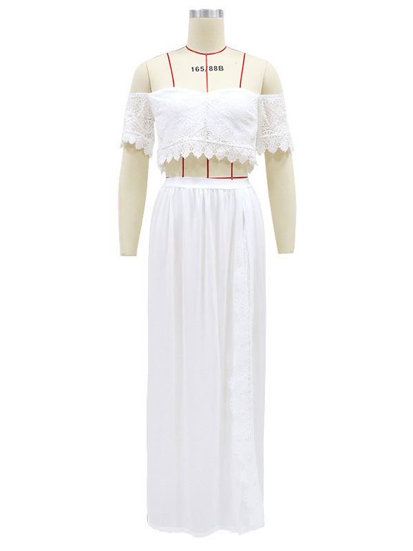 de dos piezas de ropa de playa blanca mujer con hombros descubiertos y blusa de encaje con falda larga - Milanoo.com