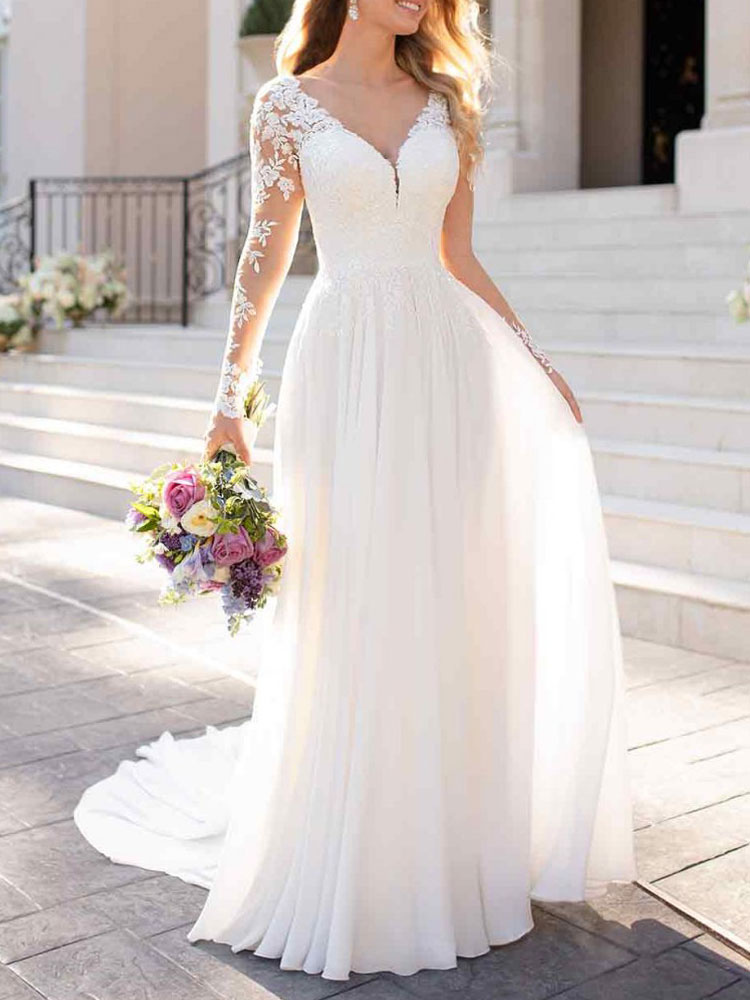 Summer Beach Wedding Dresses Lace Applique V Neck Plus Size Wedding Dresses  AWD1044