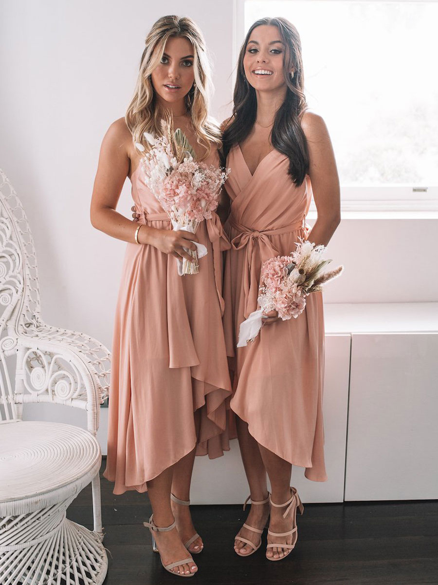 Bridesmaid Dress Pink A Line Sleeveless V Neck Zipper Chiffon Wedding Party Dress Free Customization