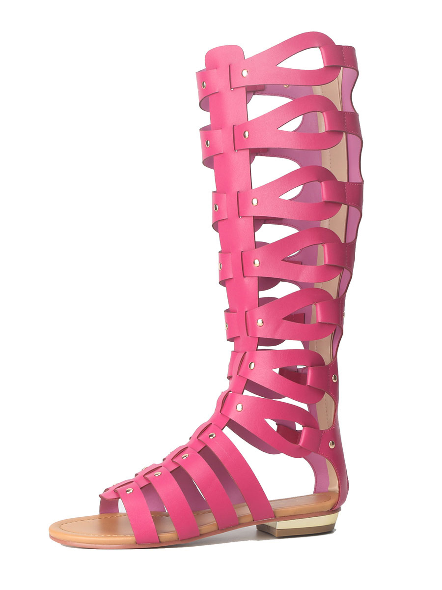 Women's Gladiator Knee High Cut Out Sandals Flat Strappy Boots Open Toe Shoes