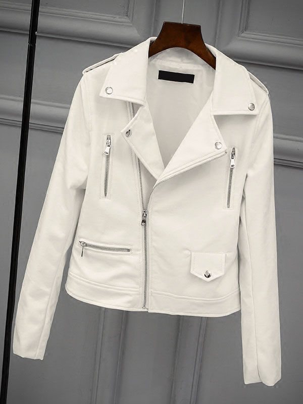 milanoo White Moto Jacket Turndown Collar PU Leather Spring Outerwear For Women