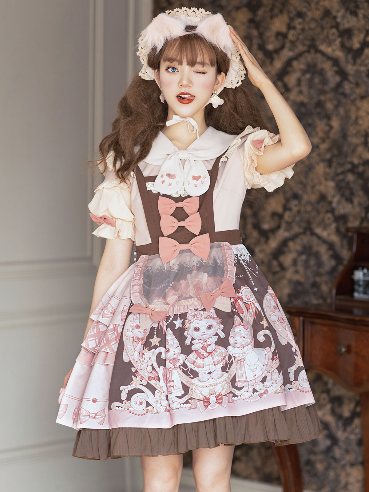 Sweet Lolita OP Dress Short Sleeve Pearls Bows Pink Brown Daily Casual ...