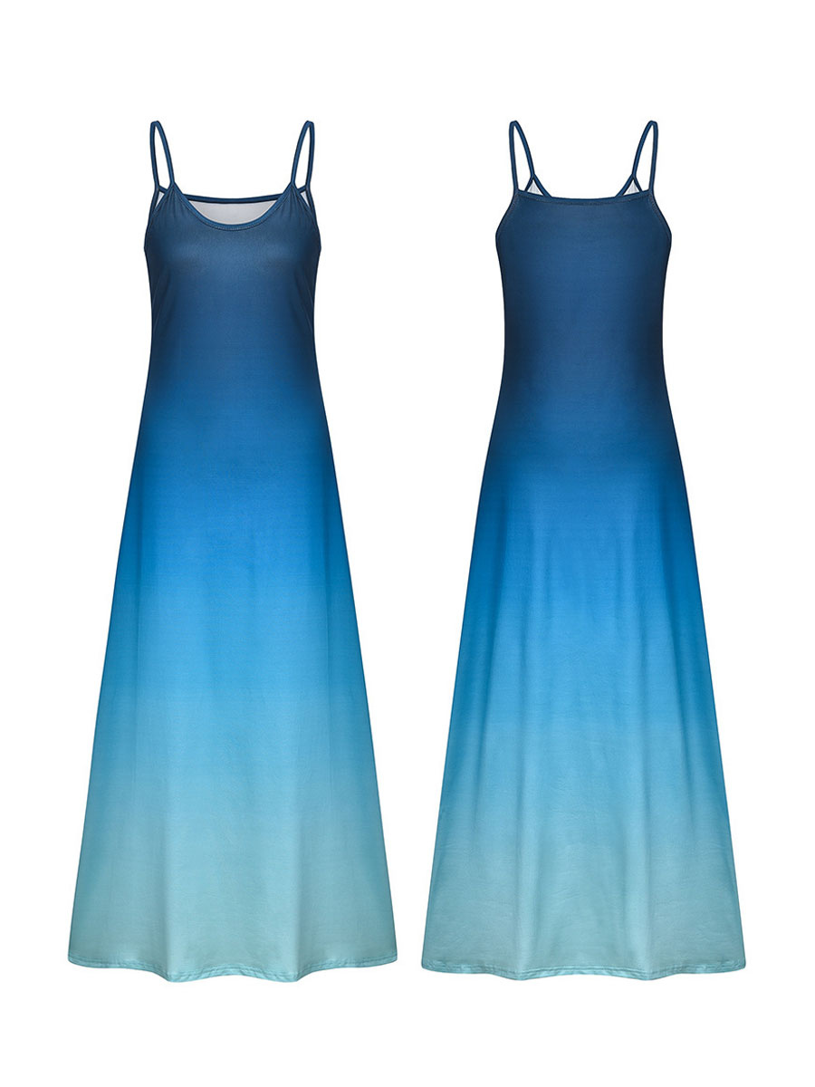 Women's Clothing Dresses | Maxi Dress Sleeveless Blue Two Tone Straps V Neck Polyester Floor Length Casual Long Warp Dress - MK14540
