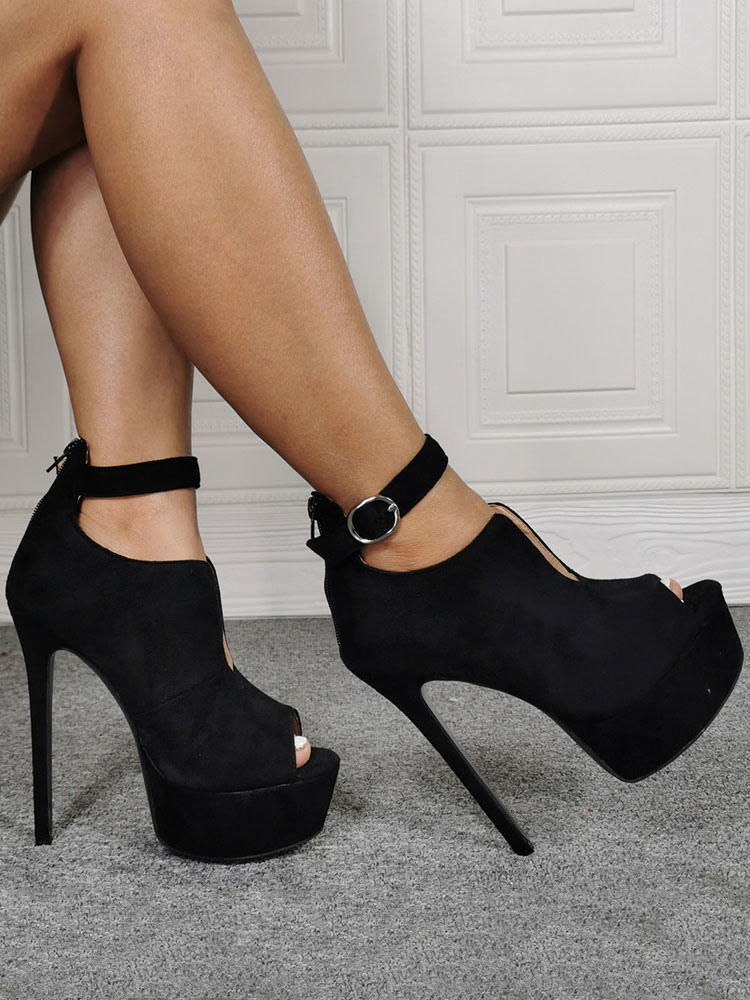 Zapatos de Mujer | Zapatos de tacón de punter Peep Toe Cuero con apariencia suave negros Color liso con botones de tacón de stiletto - JN80199