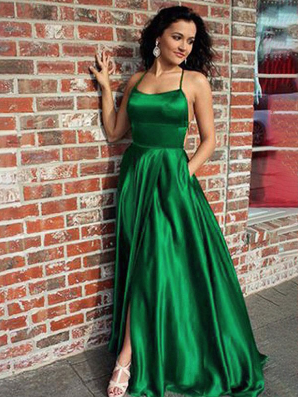 Moda Mujer Vestidos | Vestidos largos Sin mangas Verde oscuro Correas Cuello Frente dividido Poliéster Vestido largo - KI01602