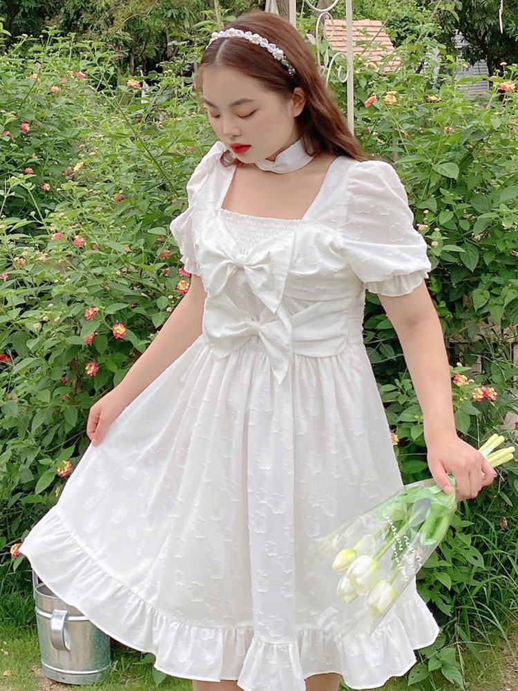 Plus Size Sweet Lolita OP Dress Polyester Short Sleeves Dress White ...