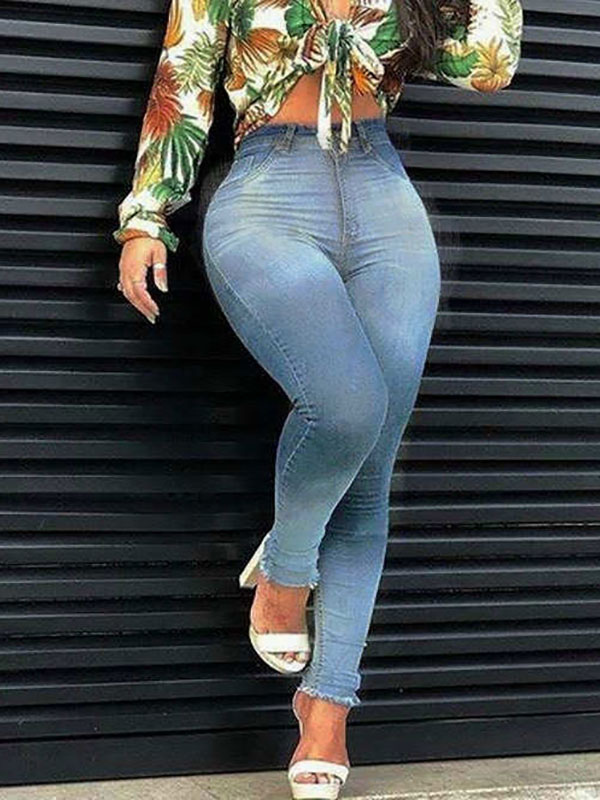 Moda Mujer Mujeres Botones | Vaqueros de mujer Pantalones de mezclilla de corte cónico con cremallera de cintura baja azul - PP05277