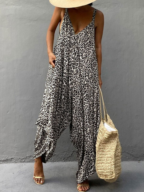 Women's Clothing Jumpsuits & Rompers | Khaki Leopard Printed V-Neck Sleeveless Backless Polyester Wide Leg Jumpsuits For Women - QP12720