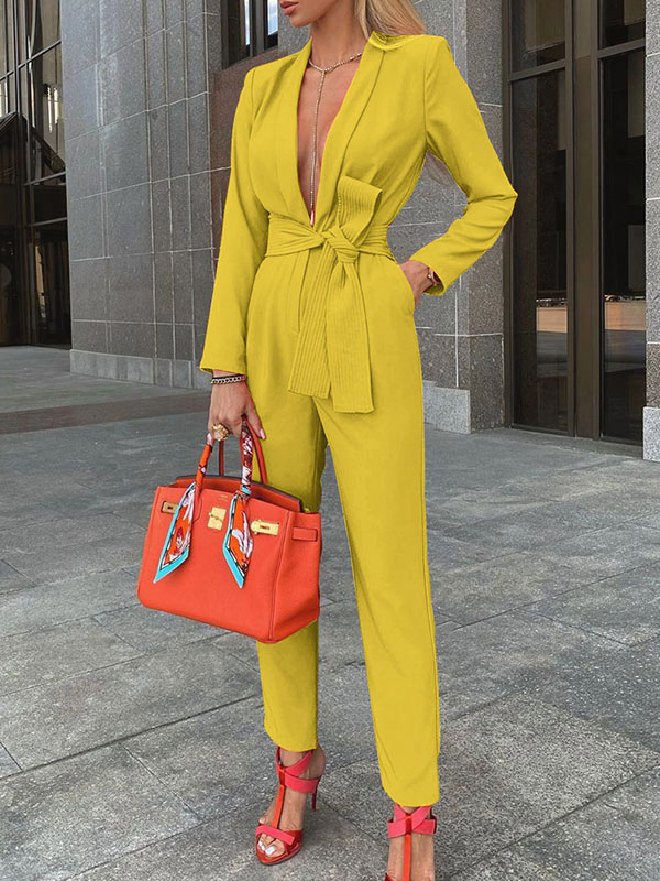 Women's Clothing Jumpsuits & Rompers | Red V-Neck Long Sleeves Polyester Pants Jumpsuits For Women - NY34706