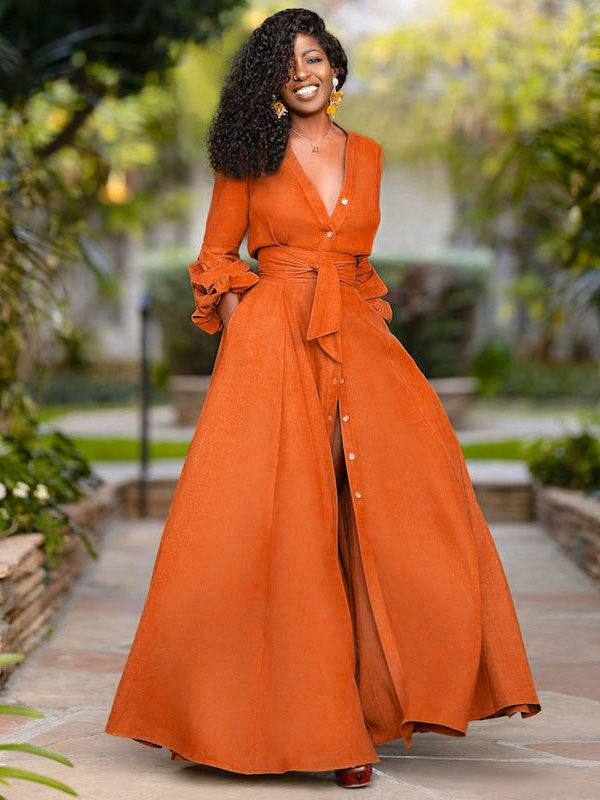 Women's Clothing Dresses | Women Orange Maxi Dresses Long Sleeves V-Neck Sash Layered Polyester Long Dress - JF07796