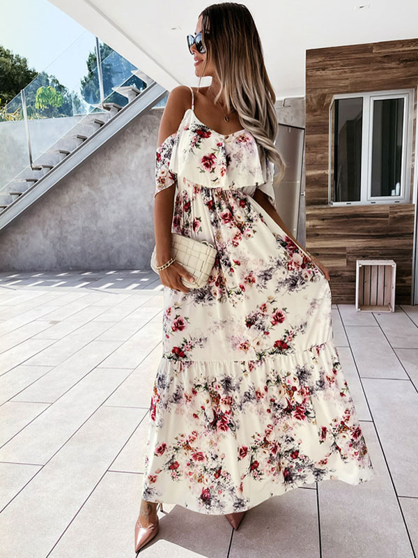 Women's Clothing Dresses | Maxi Dresses Short Sleeves Light Pink Floral Printed Straps Neck Pleated Stretch Polyester Long Dress