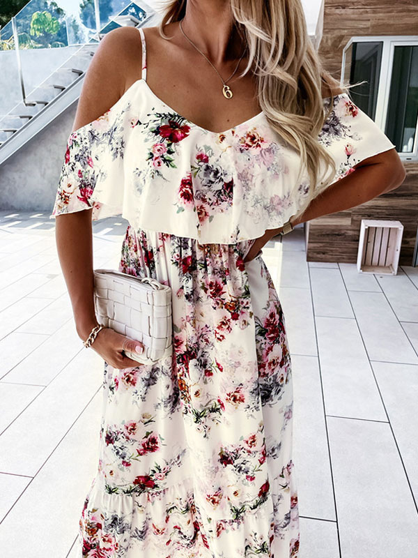 Women's Clothing Dresses | Maxi Dresses Short Sleeves Light Pink Floral Printed Straps Neck Pleated Stretch Polyester Long Dress