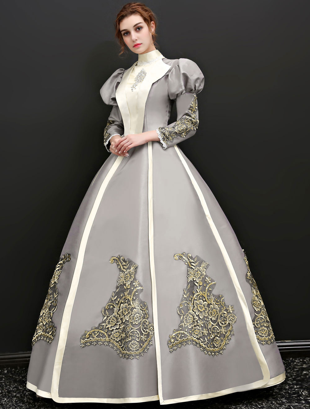 中世 ドレス 女性用 プリンセス 貴族ドレス シルバーグレー 七分袖 ヴィクトリア風 卒業パーティー レトロ ヨーロッパ 宮廷風 中世 ドレス