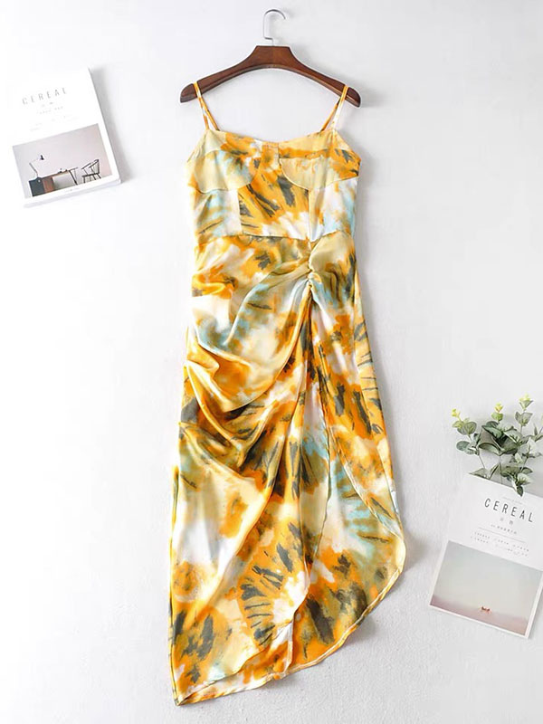 Women's Clothing Dresses | Summer Dress Straps Neck Floral Printed Pattern Pleated Backless Beige Beach Midi Dress - VX29353