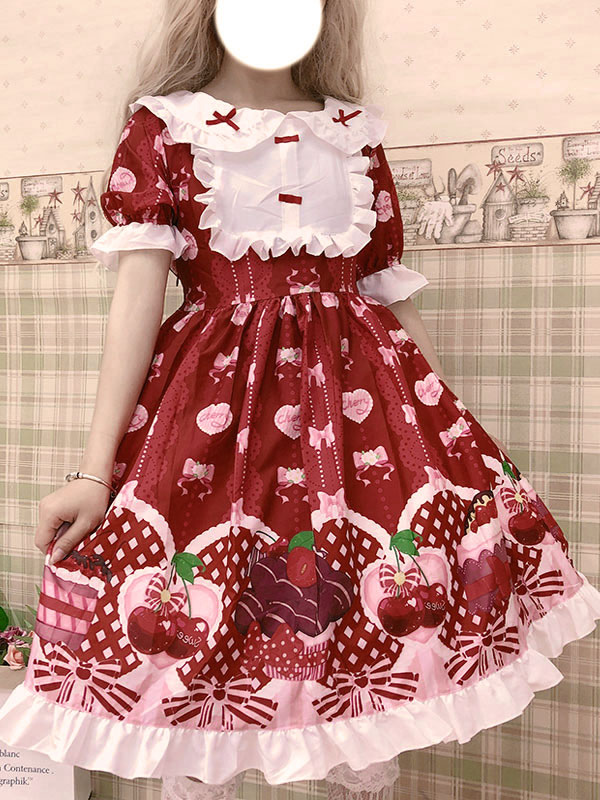 Sweet Lolita OP Dress Printed Red Bows Ruffles Piece - Lolitashow.com