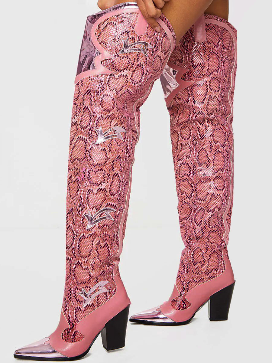 Women Western Boots Snake Pattern Pointed Toe Over The Knee Boots ...