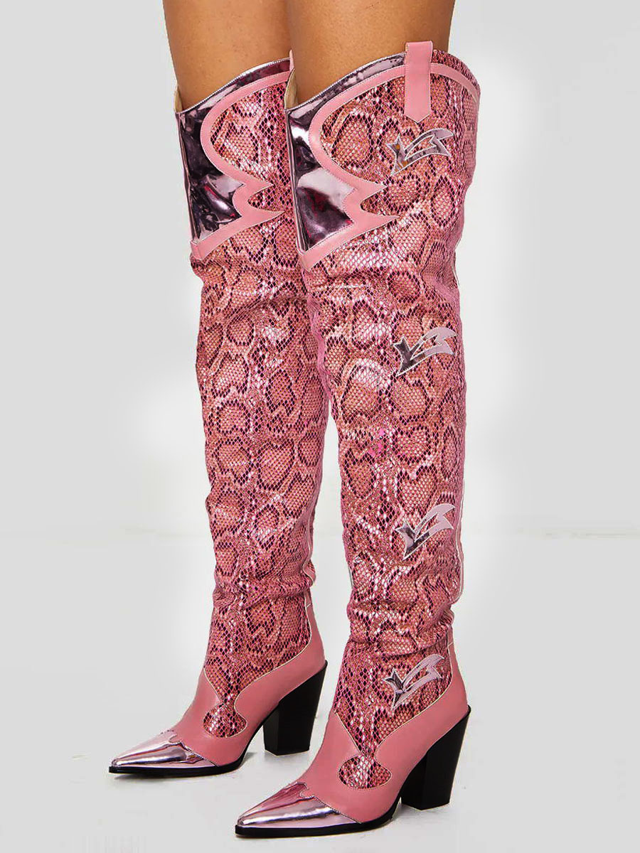 Zapatos de Mujer | Botas vaqueras para mujer, botas por encima de la rodilla con punta en pico y patrón de serpiente, botas altas hasta el muslo de tacón grueso de cuero - DL20014