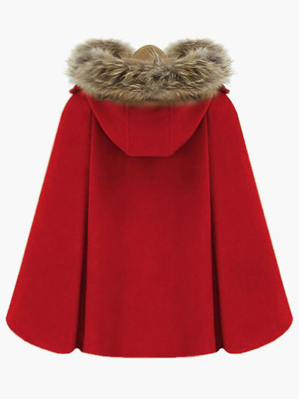 Women's Clothing Outerwear | Hooded Cape Coat Double Breast Faux Fur Trim Woolen Coat Poncho Cloak For Women - BG32803
