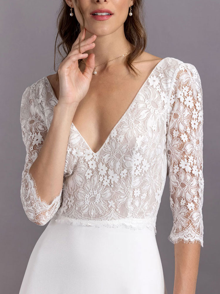 Wedding & Events Wedding Dresses | White Simple Causal Wedding Dress A-Line V-Neck Half Sleeves Backless Lace Long Bridal Gowns 