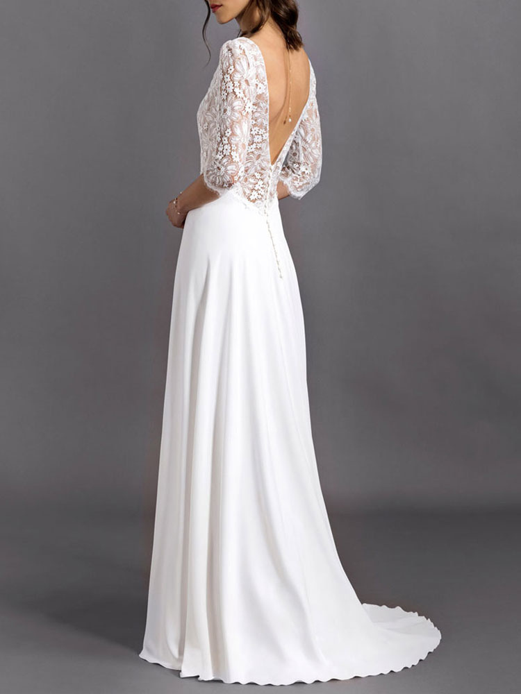 Wedding & Events Wedding Dresses | White Simple Causal Wedding Dress A-Line V-Neck Half Sleeves Backless Lace Long Bridal Gowns 