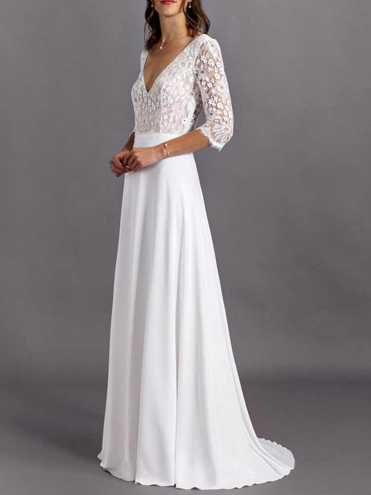 Mariage Robes de mariée | Robe de mariée simple blanche col V demi-manches en dentelle dos nu à traîne courte - GO03929