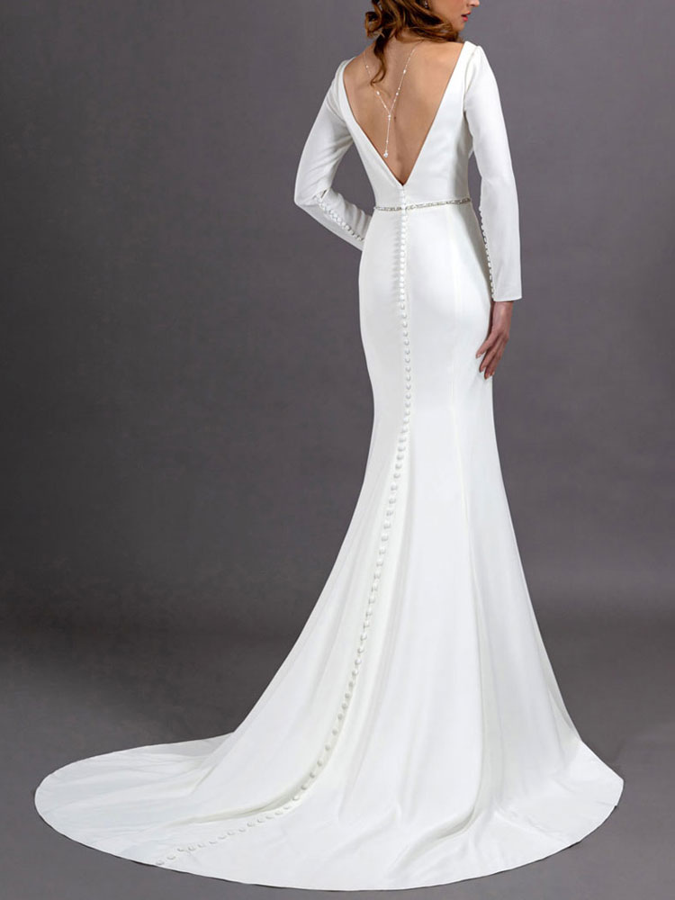 Wedding & Events Wedding Dresses | White Simple Wedding Dress Mermaid V-Neck Long Sleeves Sash Long Bridal Gowns - HZ54594