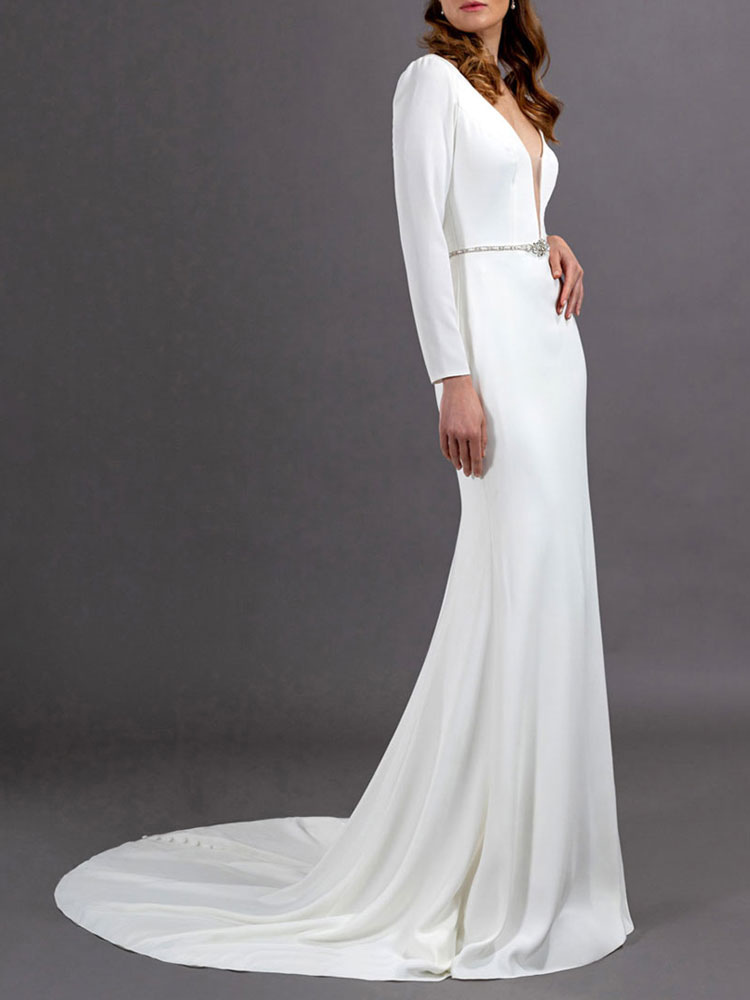 Boda Vestidos de novia | Vestido de novia blanco simple Sirena Cuello en V Mangas largas Faja Vestidos de novia largos - NS40575
