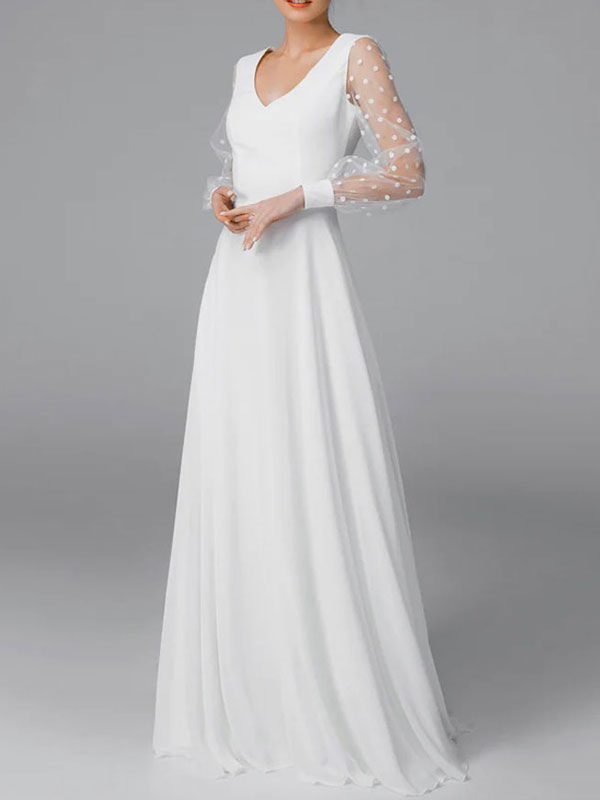 Boda Vestidos de novia | Vestido de novia blanco simple con tren Una línea Cuello en V Mangas largas Encaje Vestidos de novia largos - VQ02554