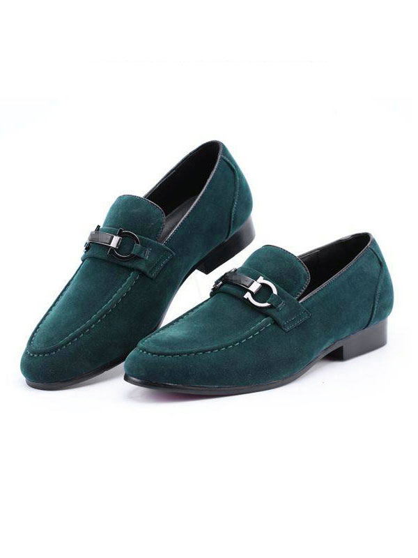Zapatos de hombre | Mocasines para hombre con punta redonda, piel sintética, detalles metálicos, mocasines verdes sin cordones - YX39571