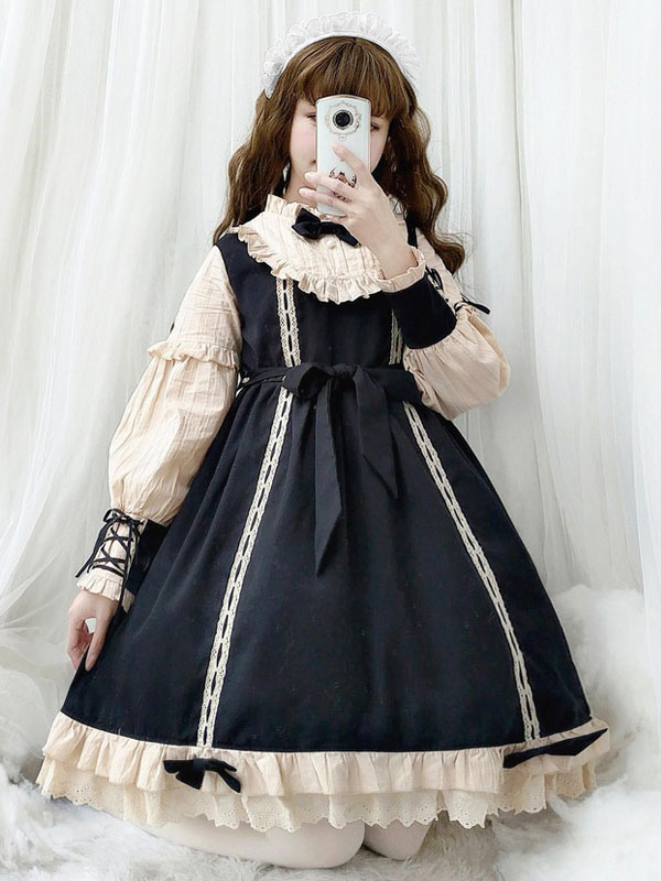 Sweet Lolita OP Dress Honey Girl Bows Burgundy Bow Long Sleeves Lolita One  Piece Dresses 