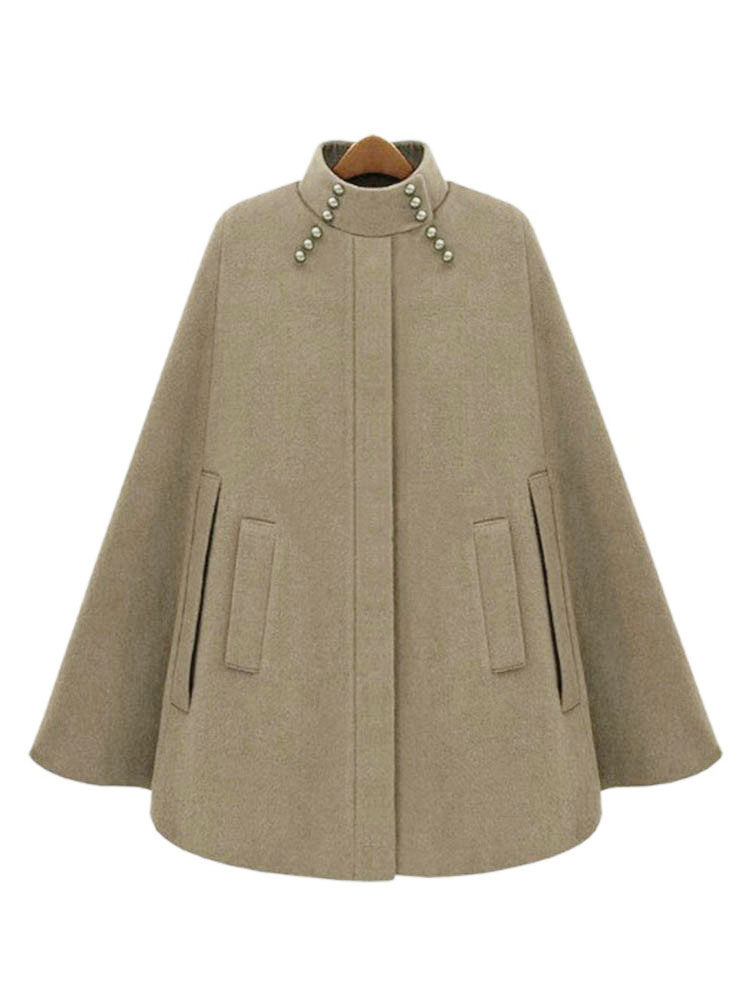 Women's Clothing Outerwear | Women Poncho Stand Collar Long Sleeve Camel Irregular Buttons Pockets Warmth Preservation Cape - BP49644