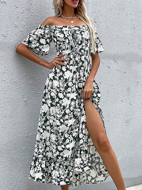Women's Clothing Dresses | Maxi Dress Off The Shoulder Short Sleeves Polyester Bohemian Floral Print Backless Floor Length Dress - DH94578