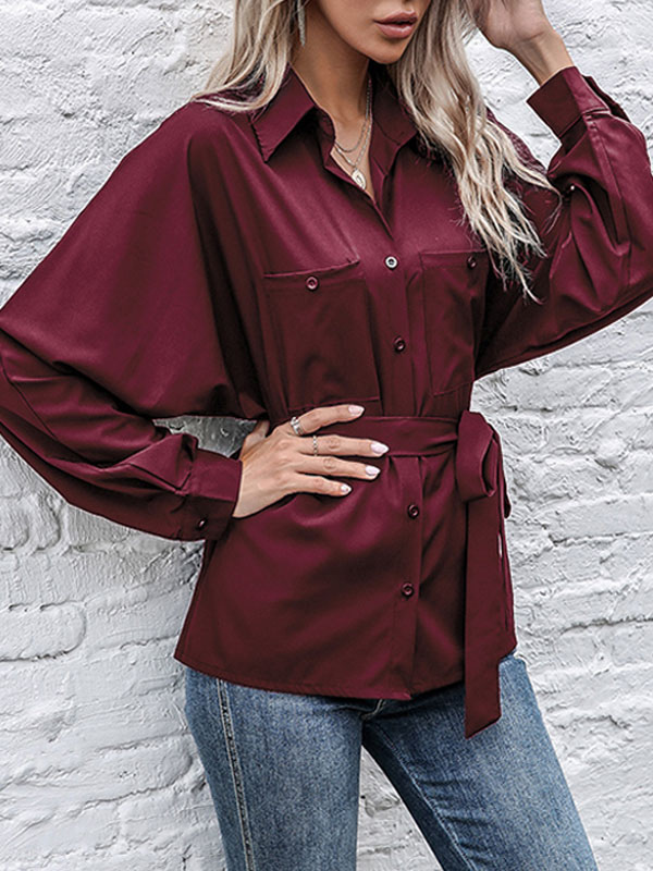 Women's Clothing Tops | Blouse For Women Burgundy Lace Up Buttons Turndown Collar Long Sleeves Polyester Casual Shirt - JF96228