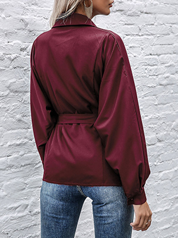 Women's Clothing Tops | Blouse For Women Burgundy Lace Up Buttons Turndown Collar Long Sleeves Polyester Casual Shirt - JF96228